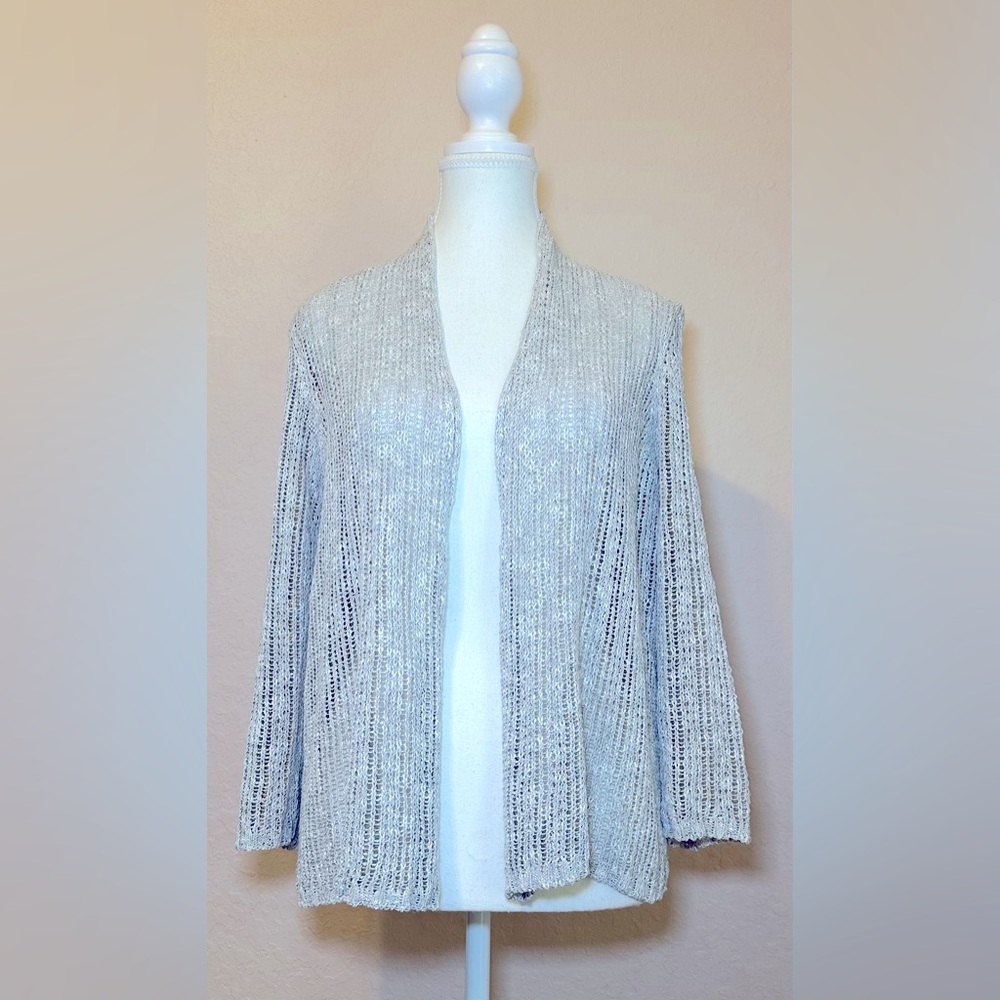 Eileen Fisher silk linen blend sweater cardigan open loose knit grey lightweight